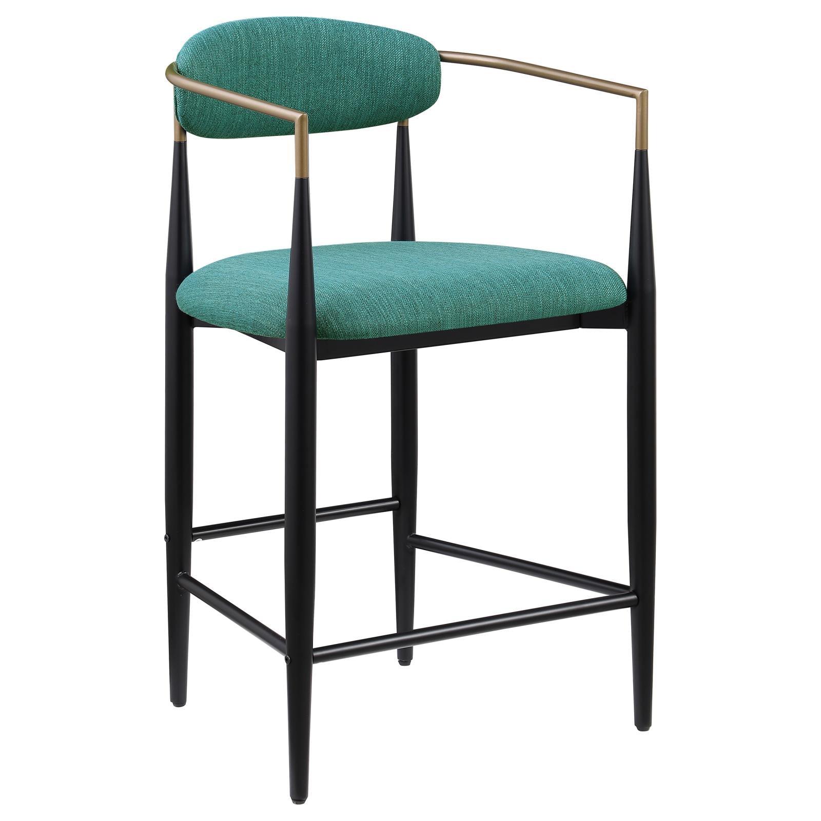 Close-up of green upholstered seat and back on Tina metal bar stool
