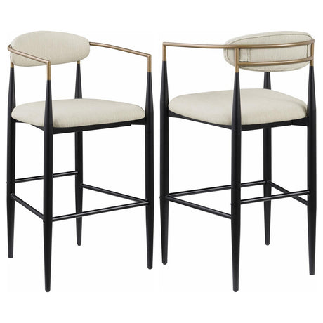 Tina beige upholstered metal pub height bar stool front view