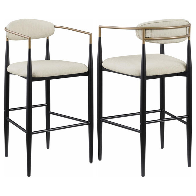 Tina beige upholstered metal pub height bar stool front view