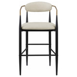 Close-up of fabric upholstery and armrest on Tina bar stool