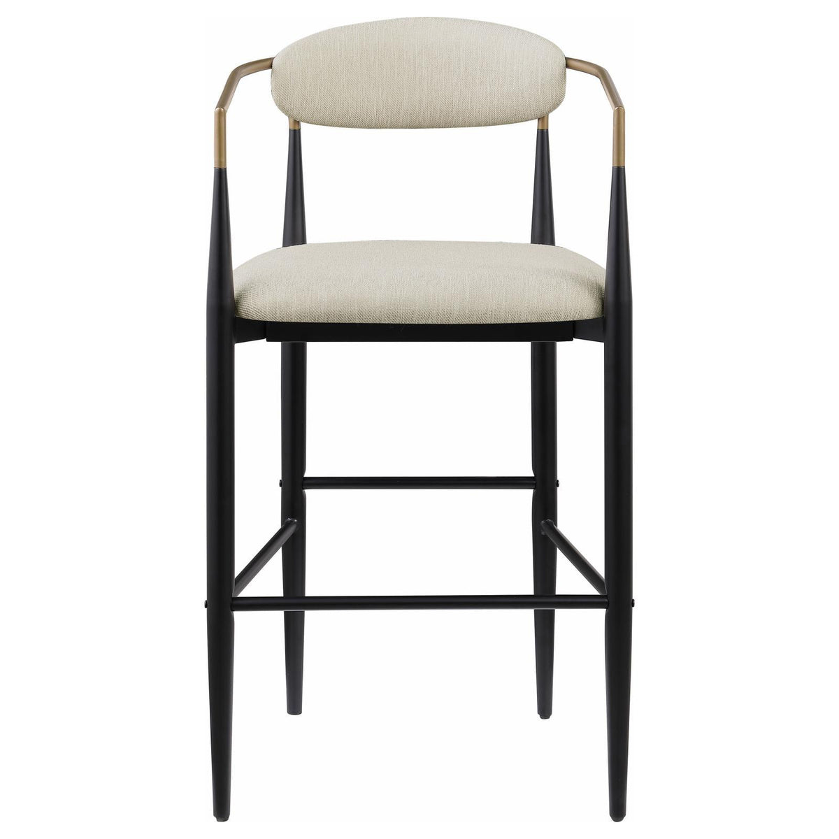 Close-up of fabric upholstery and armrest on Tina bar stool