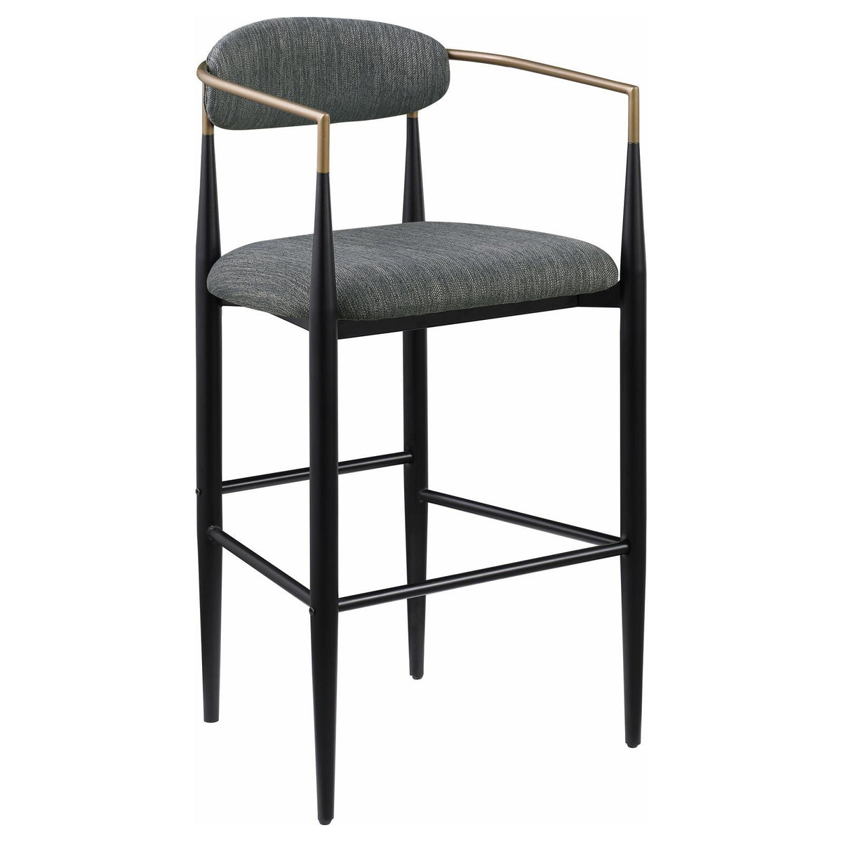 Close-up of Tina bar stool fabric upholstery and bentwood armrest