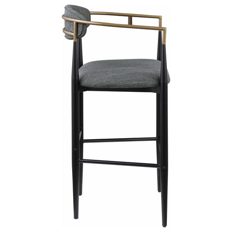 Tina pub height bar stool with dark grey upholstered seat and metal base