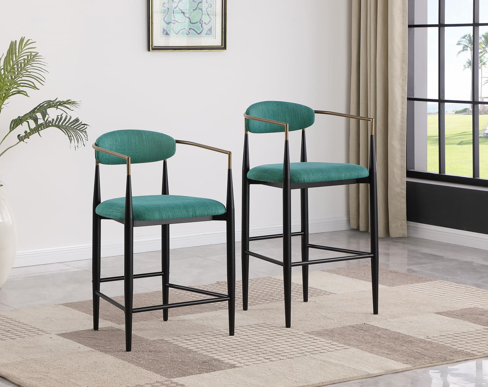 Tina green upholstered metal pub height bar stool - set of 2, front angle