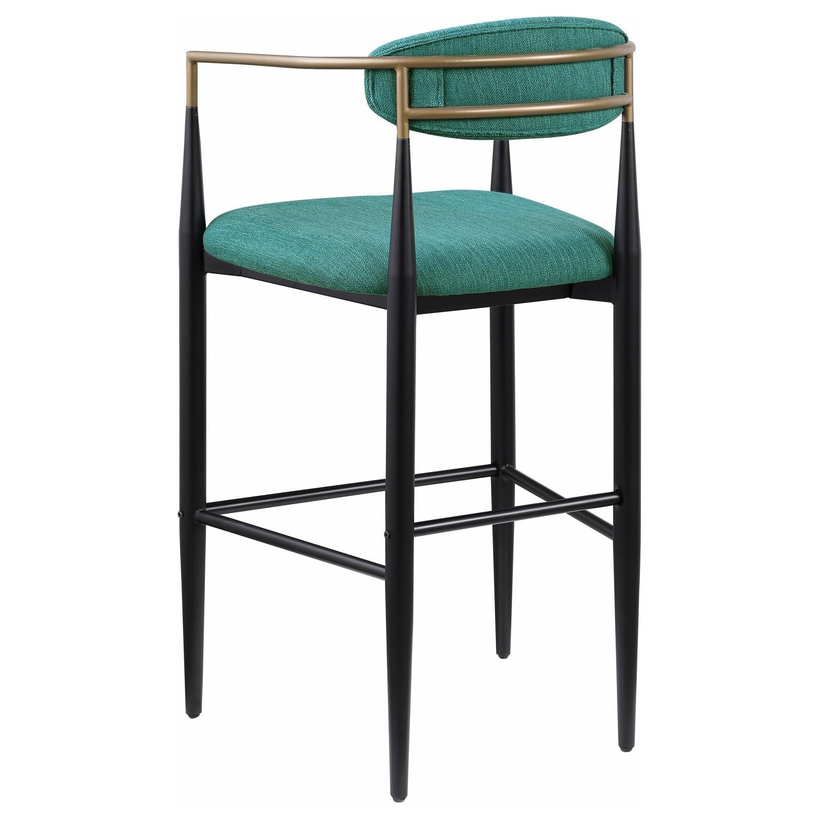 Tina green upholstered metal pub height bar stool - set of 2, front angle