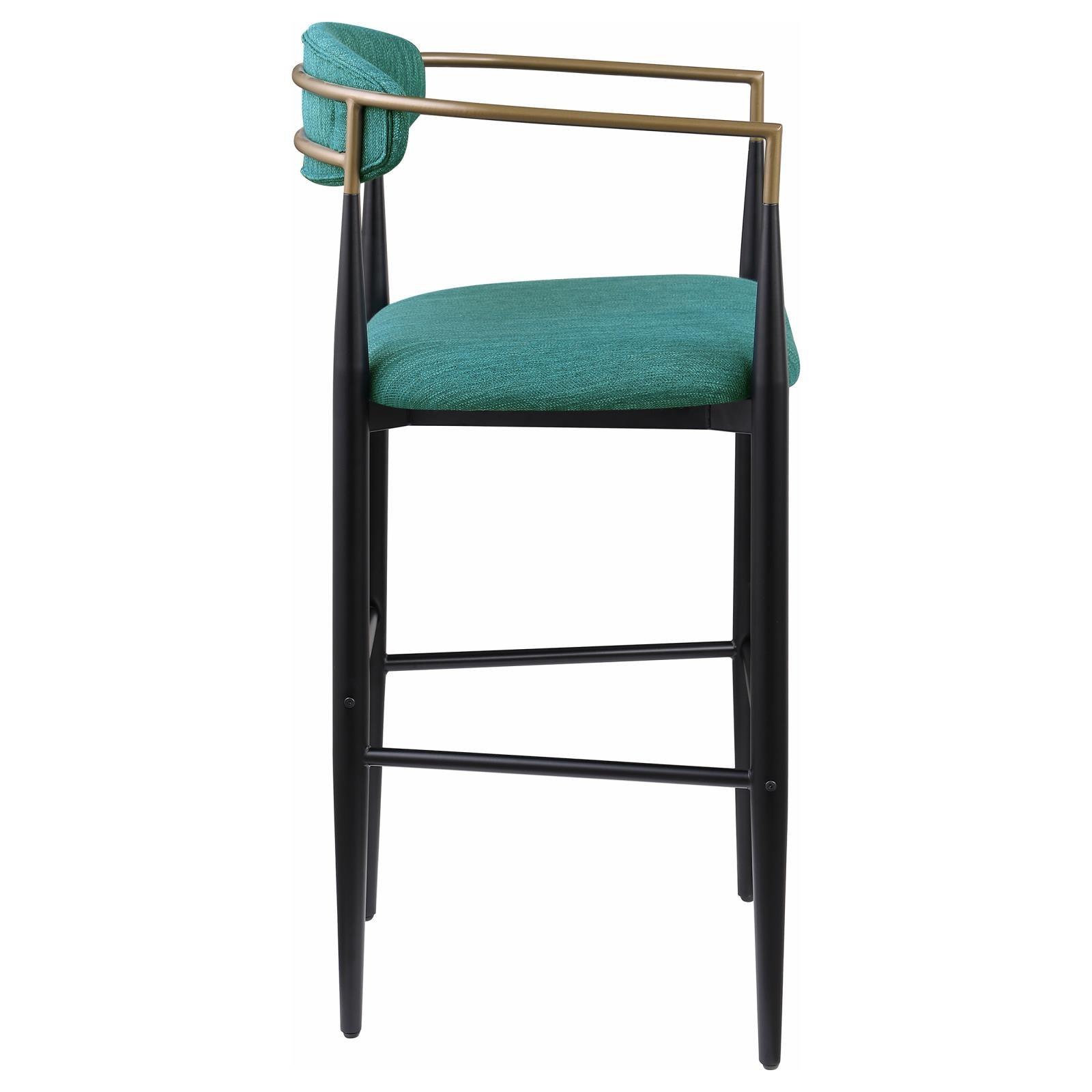 Tina green upholstered metal pub height bar stool - set of 2, front angle