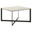 Tobin Square Marble Top Coffee Table front view showing black metal frame and white-gray marble surface