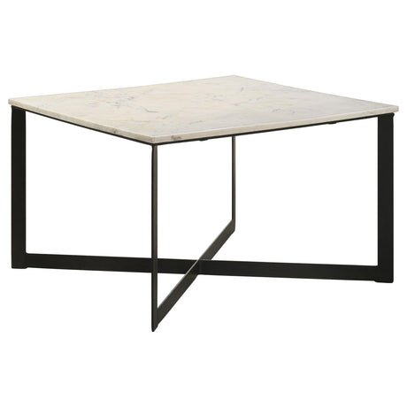 Tobin Square Marble Top Coffee Table front view showing black metal frame and white-gray marble surface