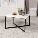 Side angle of Tobin Square Coffee Table highlighting crisscross metal support and marble top