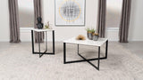 Angle showing combination of marble, metal frame, and MDF base for Tobin coffee table