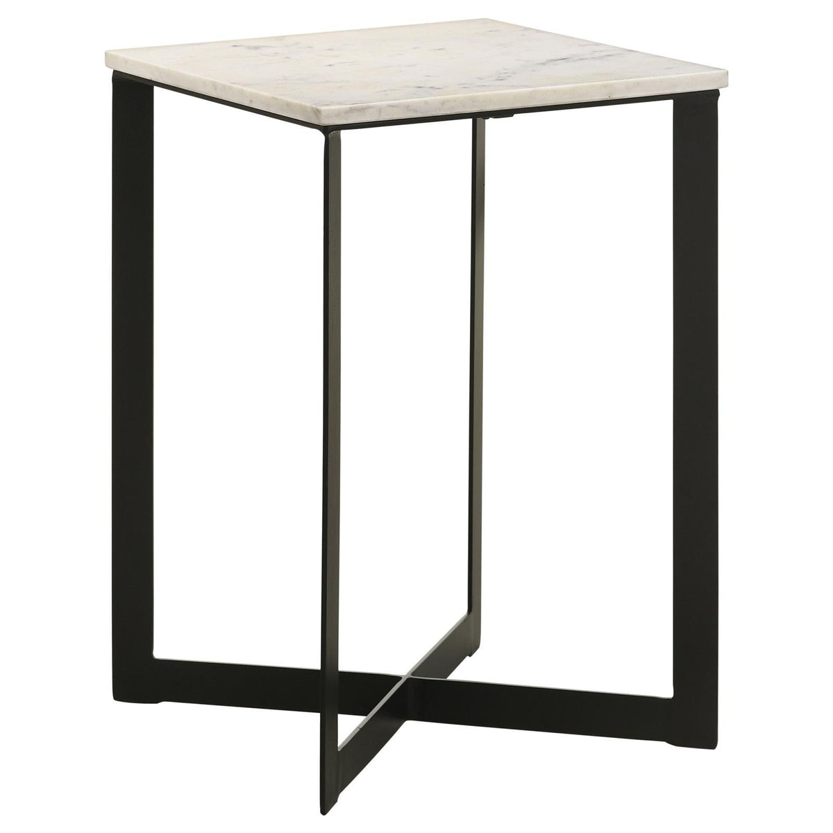 Tobin Square Marble Top End Table with white marble top and black metal base, front view