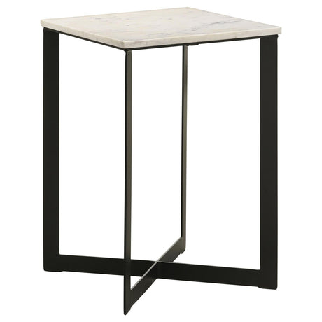 Tobin Square Marble Top End Table with white marble top and black metal base, front view