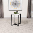 Side view of Tobin Square Marble Top End Table showing geometric metal base