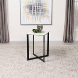 Side view of Tobin Square Marble Top End Table showing geometric metal base