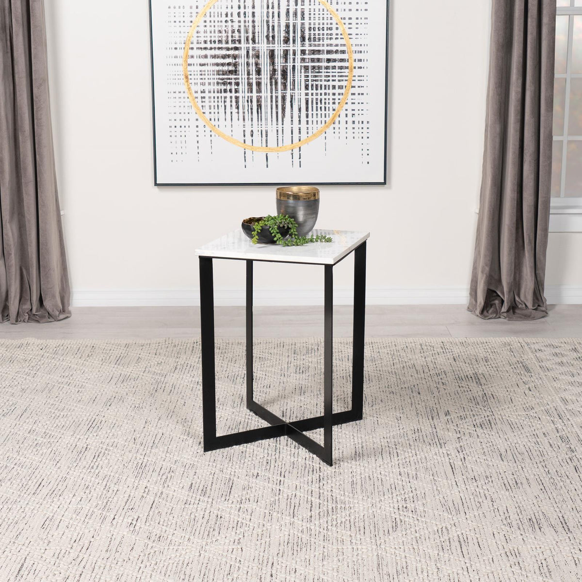 Side view of Tobin Square Marble Top End Table showing geometric metal base