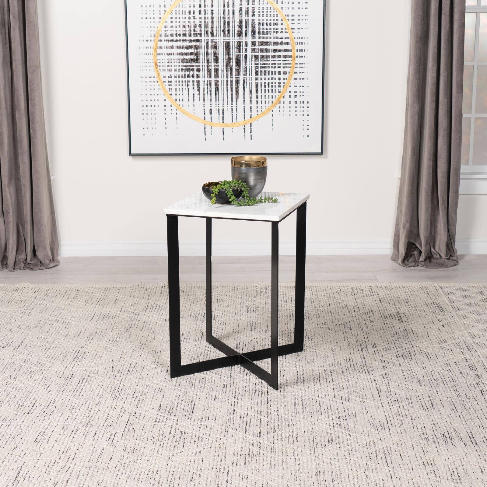 Side view of Tobin Square Marble Top End Table showing geometric metal base