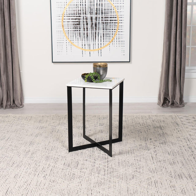 Side view of Tobin Square Marble Top End Table showing geometric metal base