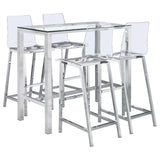Clear acrylic bar stools with chrome frames around glass top bar table