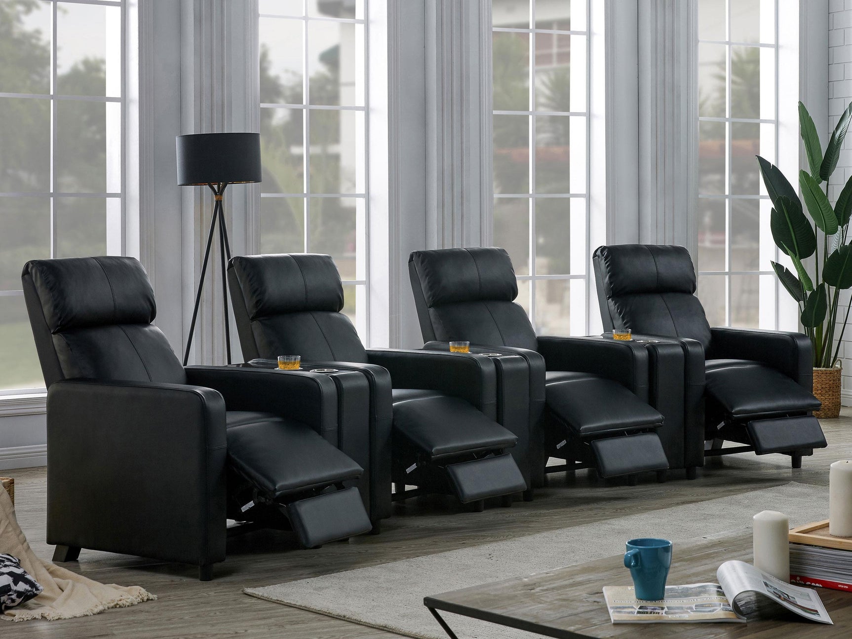 Side angle of Toohey black leatherette recliner with slim armrests