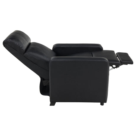 Group view of four-seat black pretented leatherette recliner set