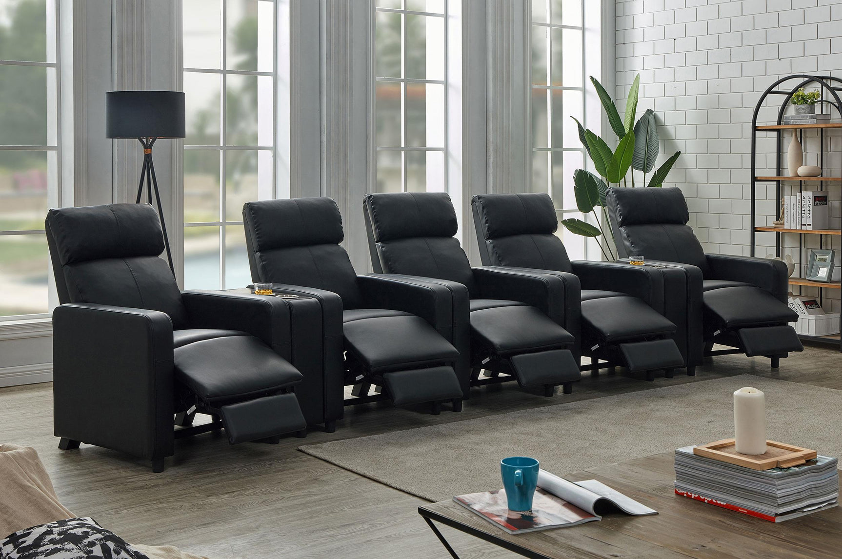 Toohey black leatherette recliner with tufted backrest angle view