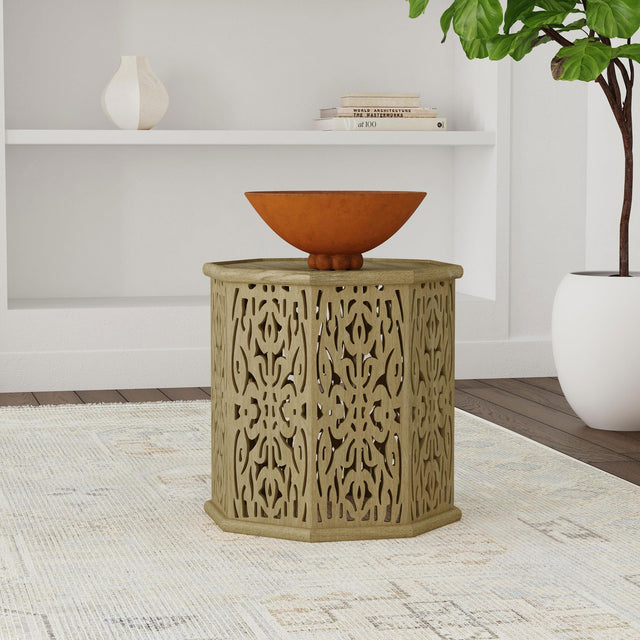 Torres Octagonal Solid Mango Wood Side Table Natural Brown, top view highlighting octagonal shape