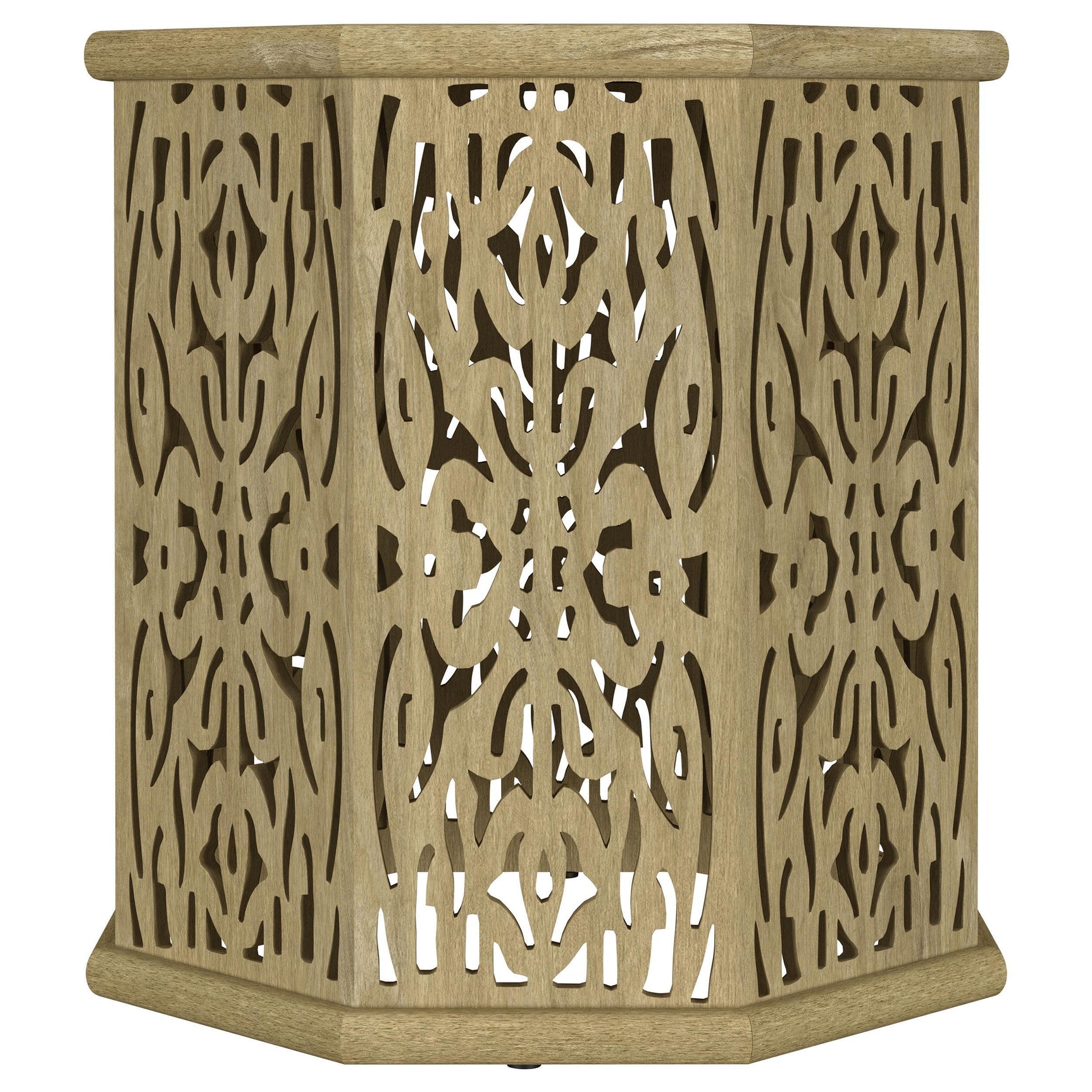 Torres Octagonal Solid Mango Wood Side Table Natural Brown, close-up of carved wood detail