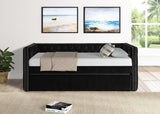 Side view of Trina black velvet tufted twin daybed