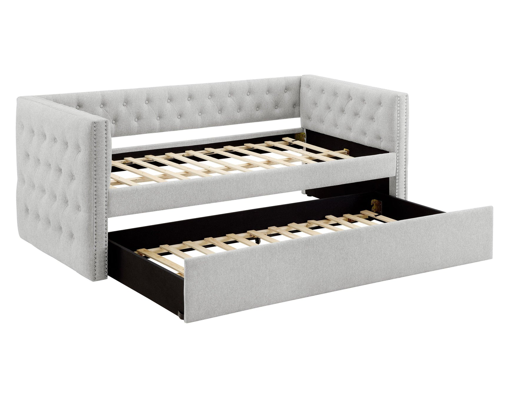 Pull-out trundle of Trina Dove Gray Upholstered Tufted Daybed