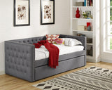 Side view of Trina Gray fabric upholstered tufted twin daybed