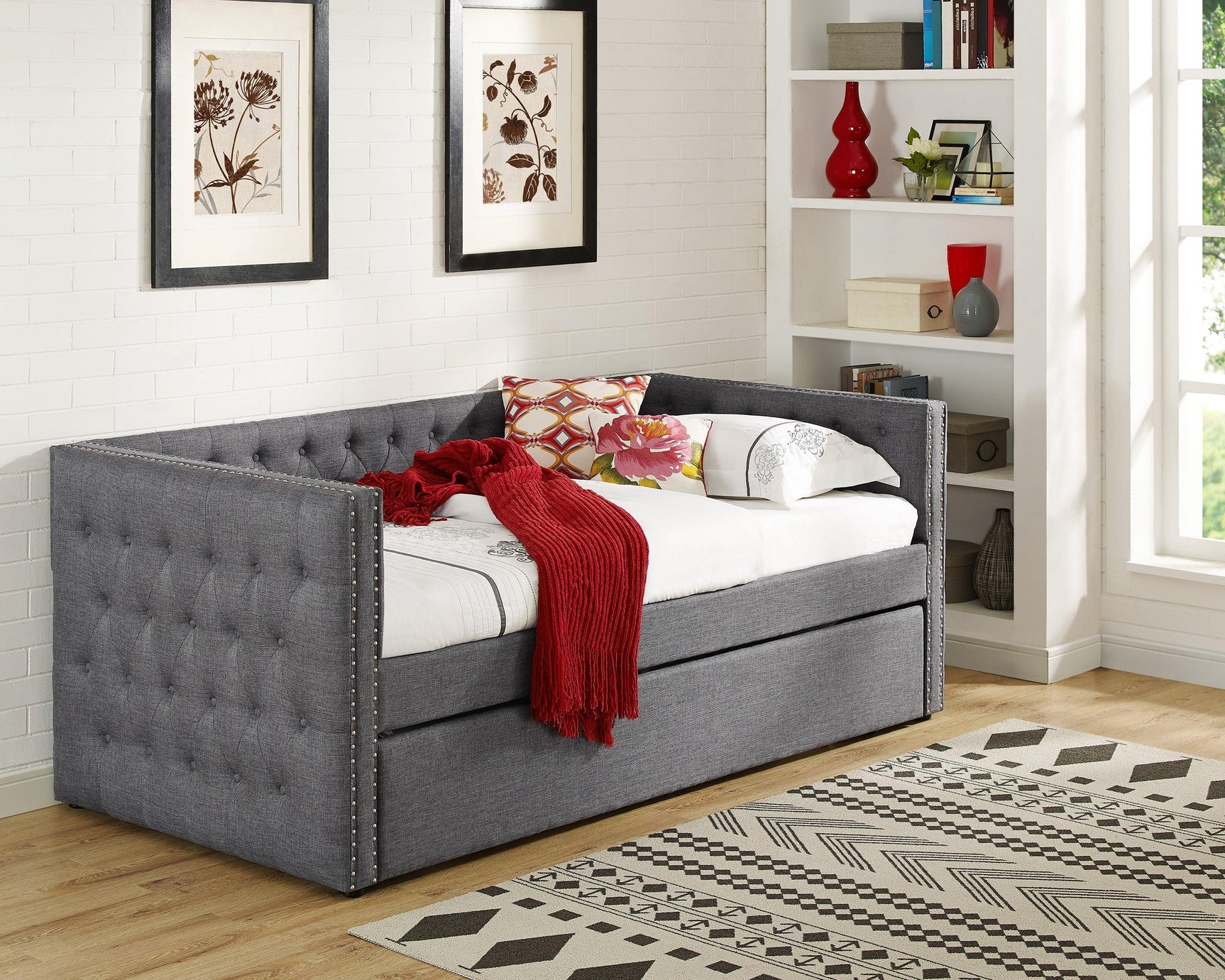 Side view of Trina Gray fabric upholstered tufted twin daybed