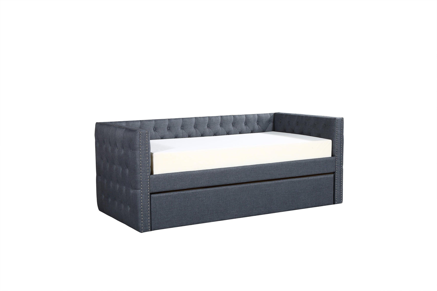 Close-up of tufted gray fabric upholstery on Trina daybed arm