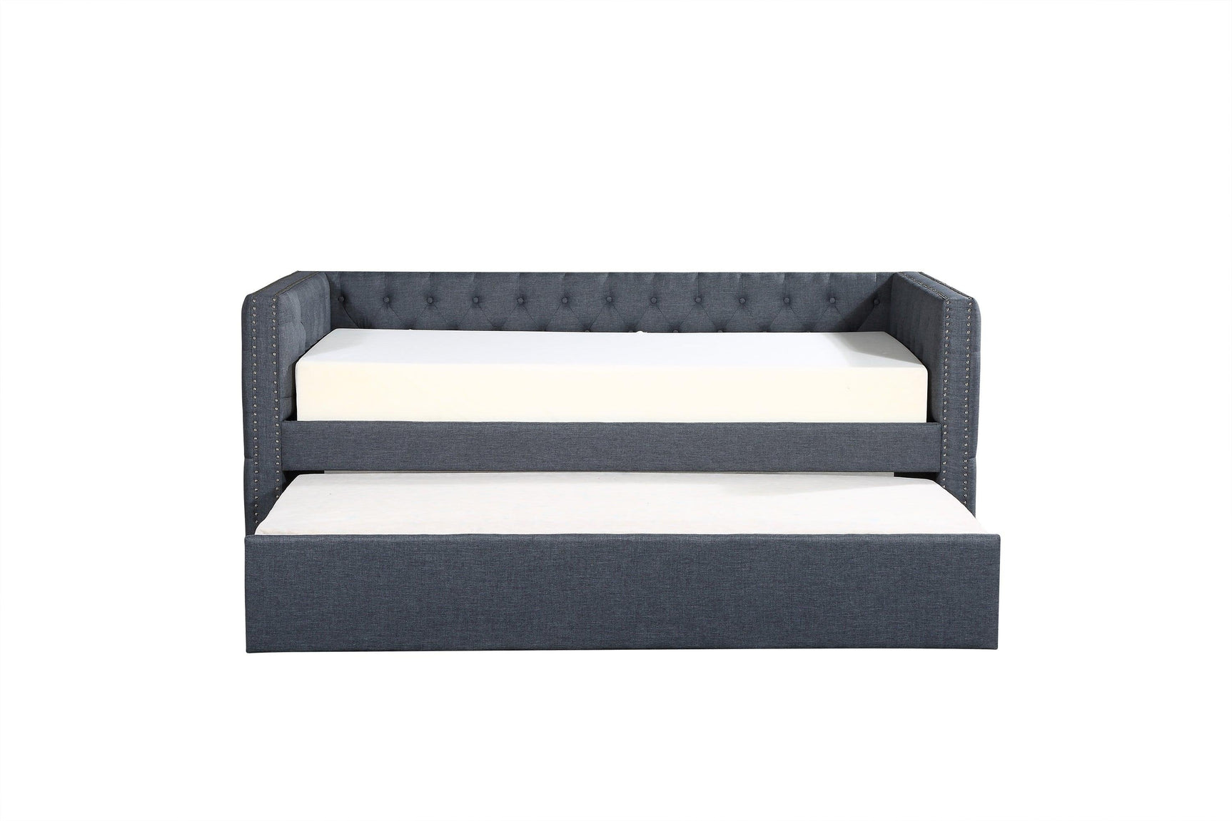 Trina Gray daybed with trundle pulled out showing extra sleeping space