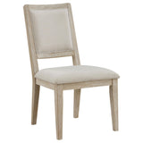 Detail of beige fabric upholstery on Trofello dining chair