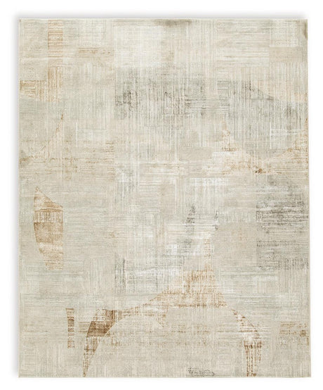 Abstract patterned Truward rug detail showing linen, gray, and caramel colors
