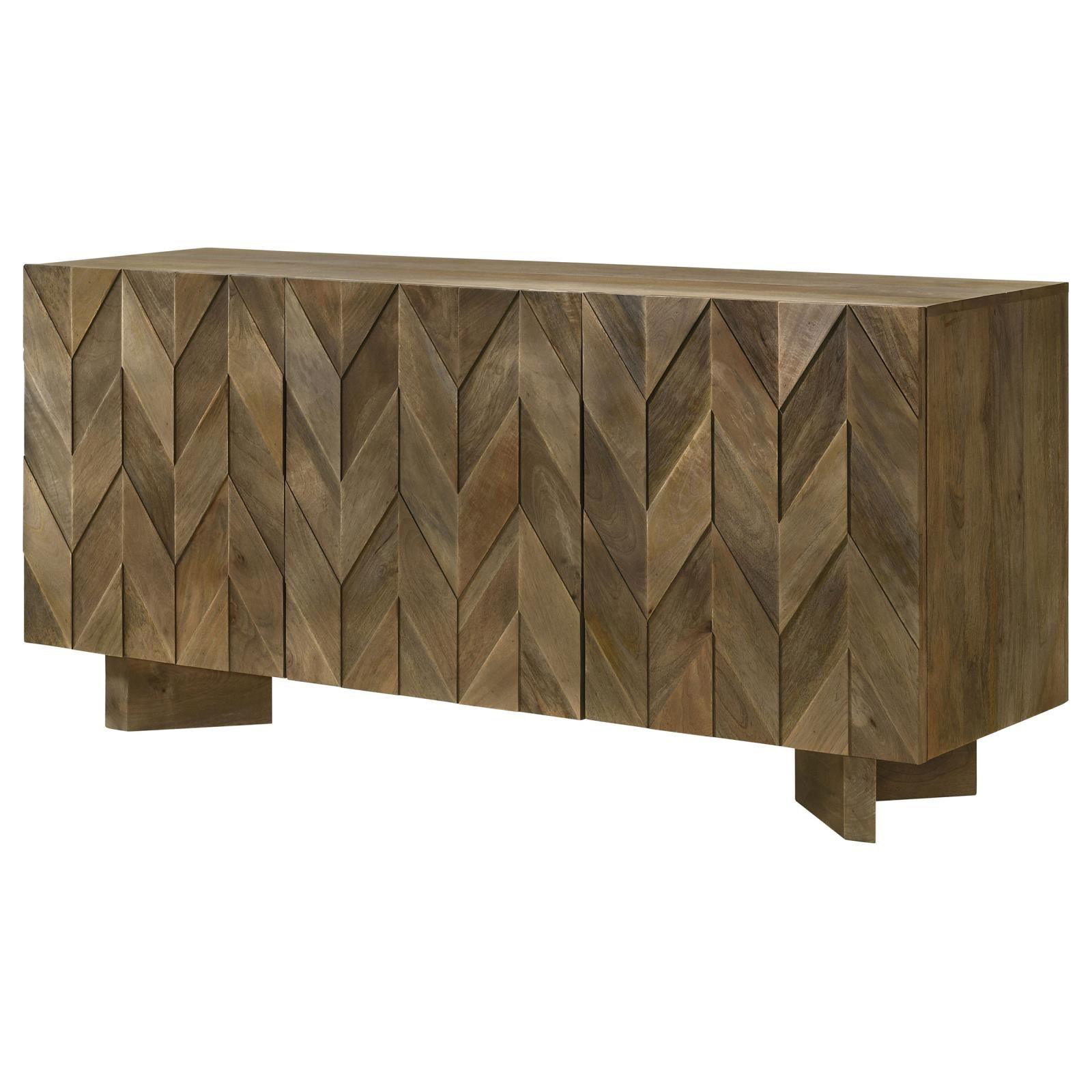 Close-up of mango wood grain and chevron pattern on door