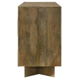 Sideboard storage space with shelved items arranged