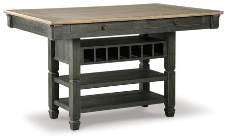Side view of Tyler dining table drawers and shelves
