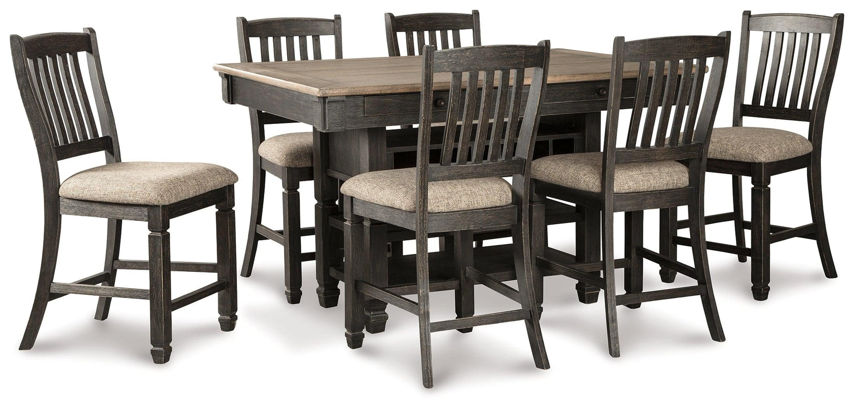 Tyler Black and Gray Creek Counter Height Dining Table with 6 Upholstered Barstools - detailed drawer and storage view