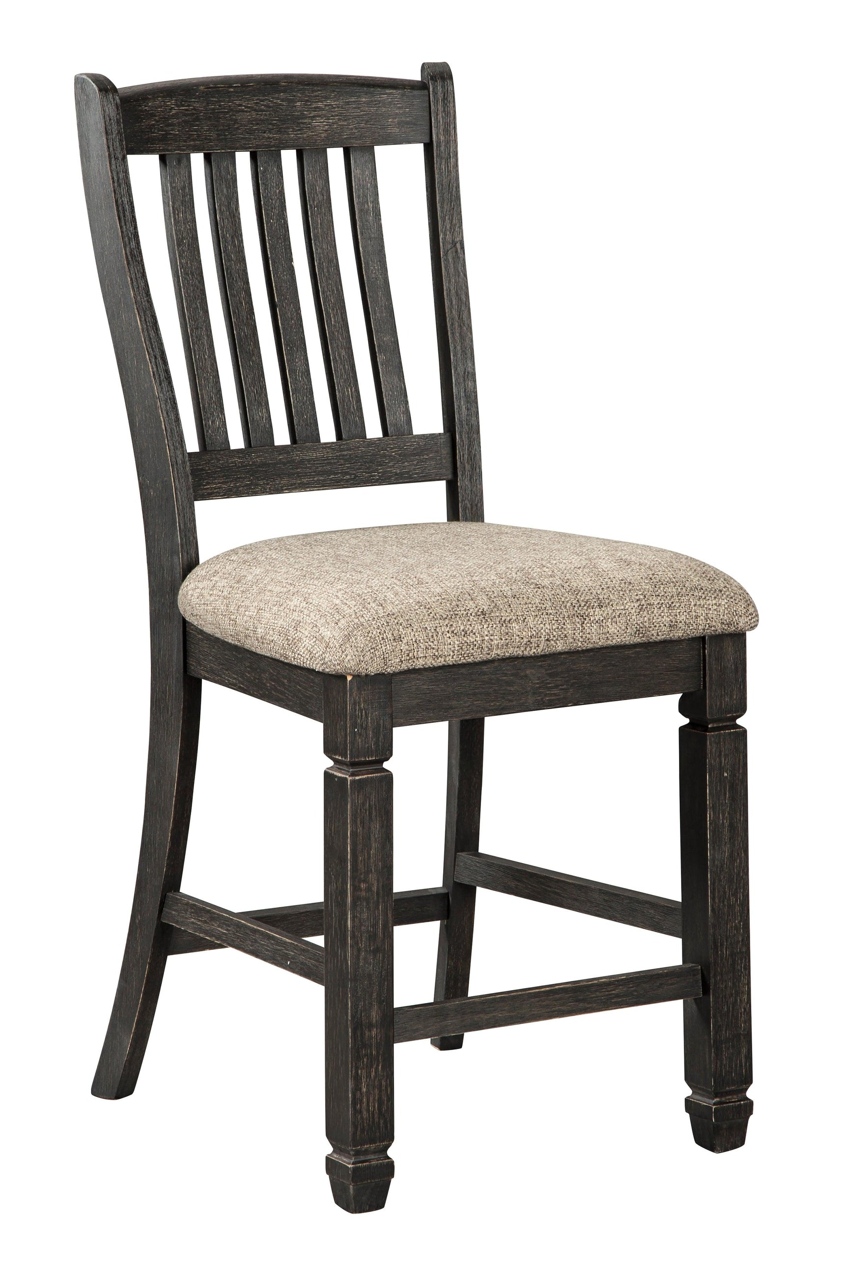 Tyler 2-piece upholstered bar stool set side angle showing tapered legs