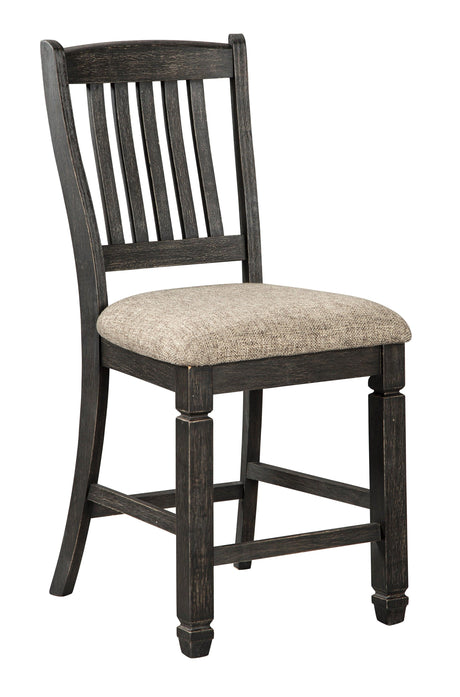 Tyler 2-piece upholstered bar stool set side angle showing tapered legs