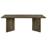 Side view of Tyler rectangular dining table with double V-leg brown finish