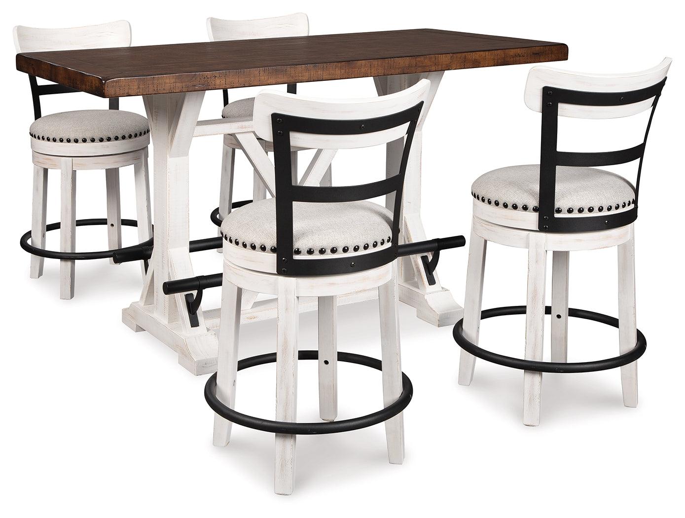 Four Valebeck vintage white upholstered barstools with nailhead trim and 360-degree swivel seats