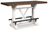 Side view of Valebeck counter height dining table showing black metal footrest