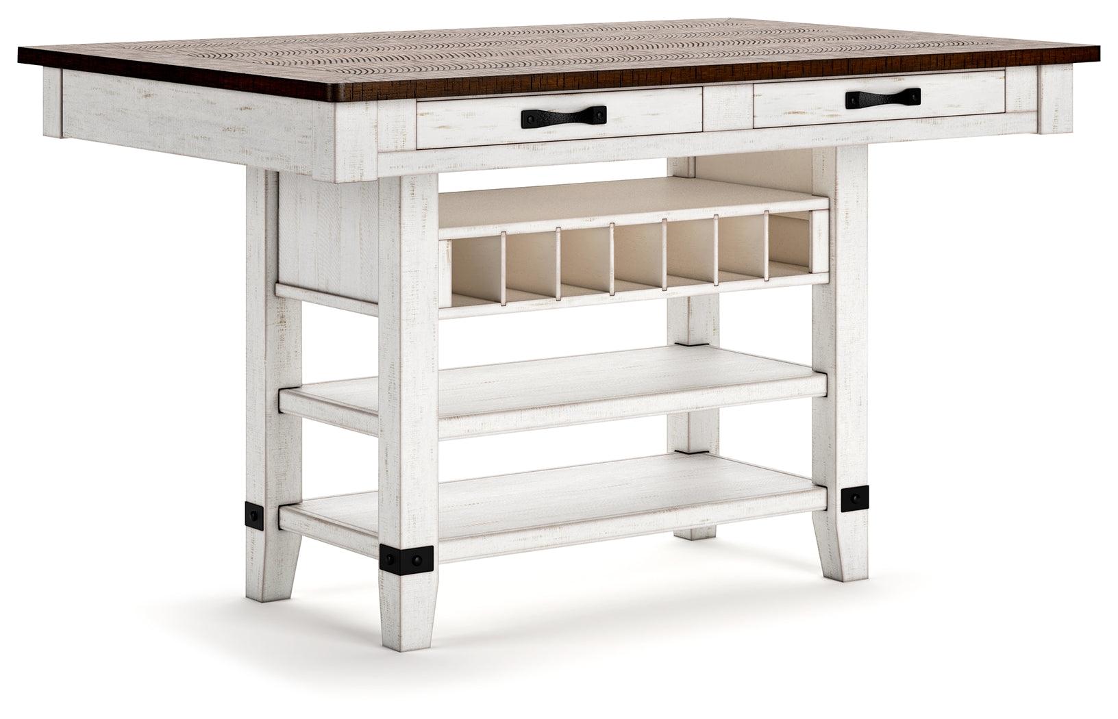 Valebeck dining table showing side with drawers and wine rack