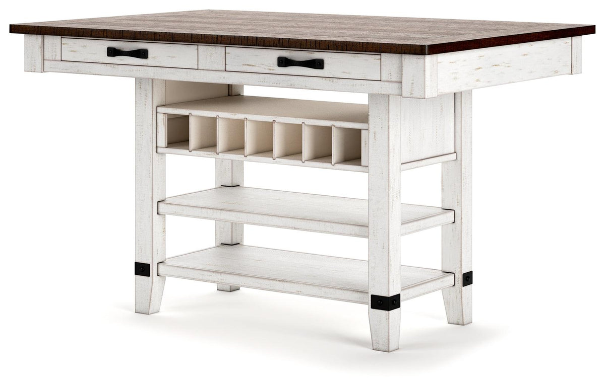 Close-up of Valebeck table distressed vintage white base with black metal accents
