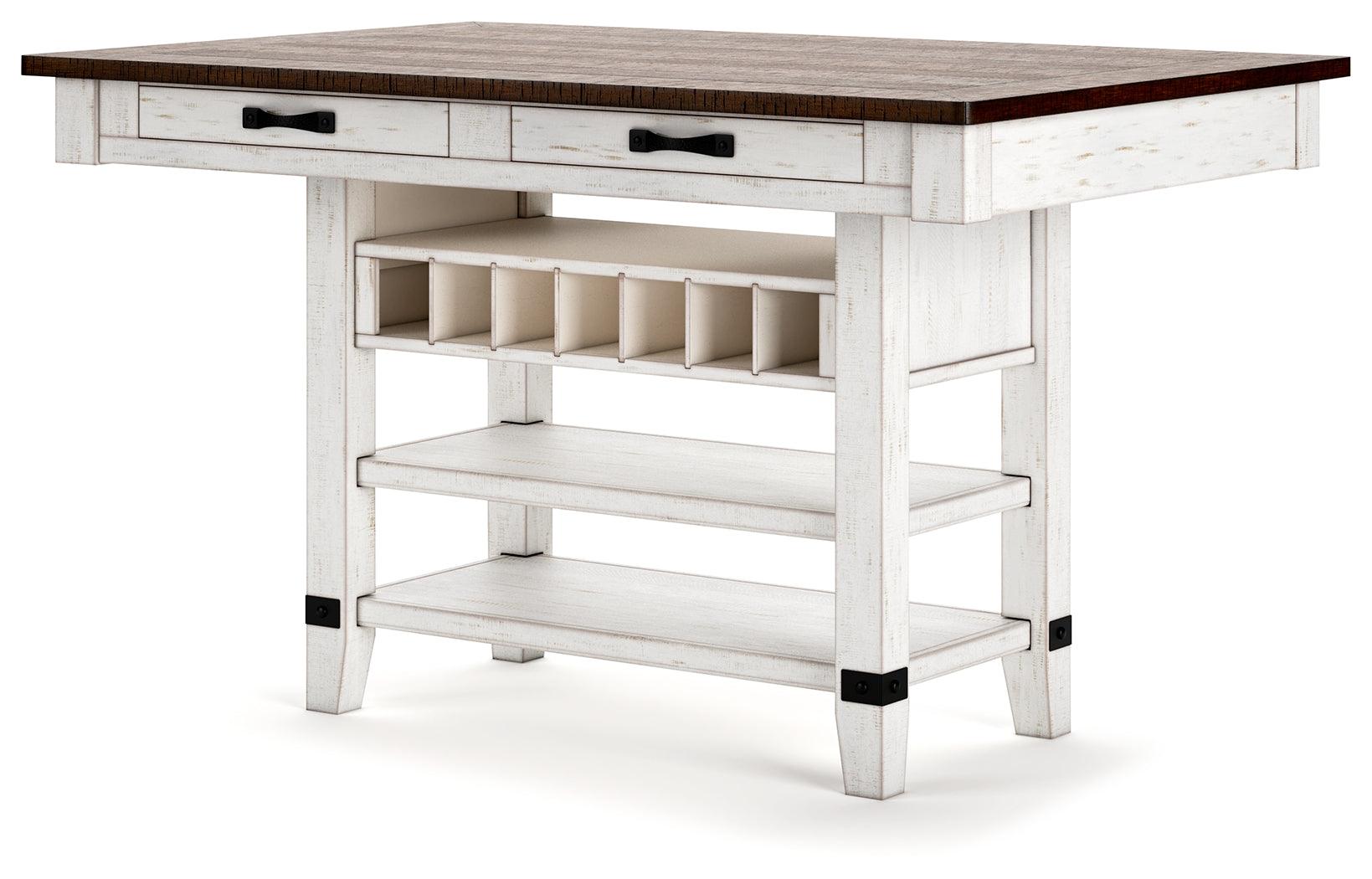 Close-up of Valebeck table distressed vintage white base with black metal accents