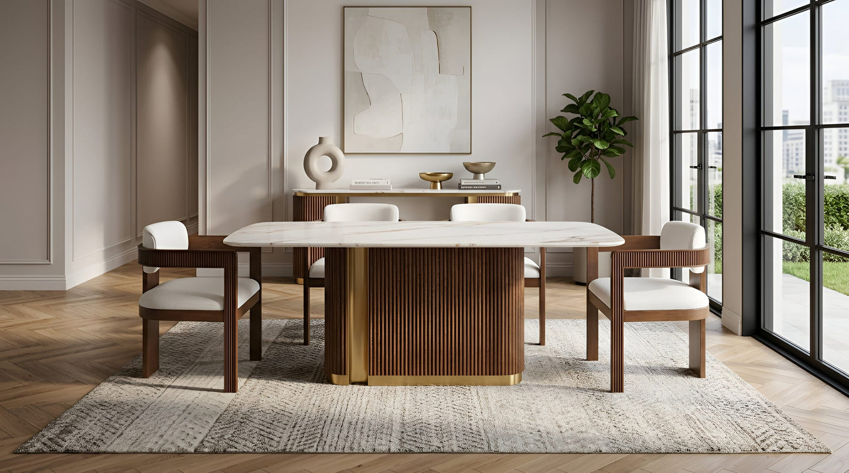 Valente Dining Set in White Sintered Stone and Walnut with Fluted Wood from Decor Furniture