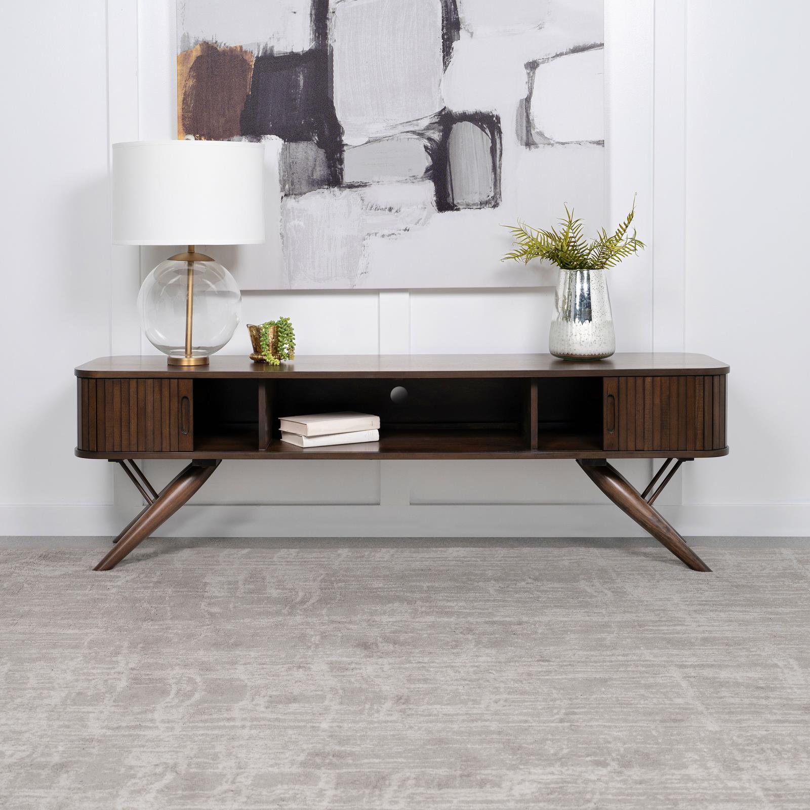Valna 71 inch rectangular walnut TV stand sliding doors closed