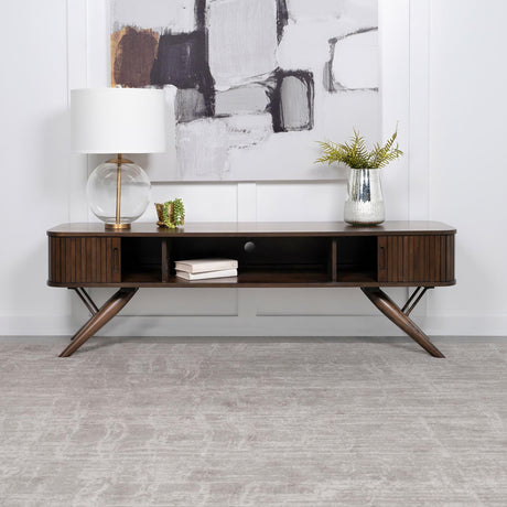 Valna 71 inch rectangular walnut TV stand sliding doors closed